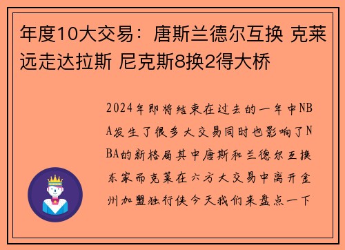 年度10大交易：唐斯兰德尔互换 克莱远走达拉斯 尼克斯8换2得大桥